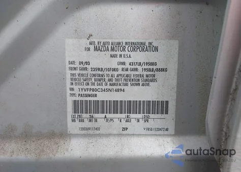 2004 Mazda Mazda6 I из США, поврежденный, VIN 1YVFP80C345N14894